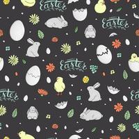 Vector seamless pattern with hatching chicks, eggs, eggshell pieces, herbs, plants, rabbits on black background. Cute cartoon style background. Hand drawn doodle backdrop for Easter