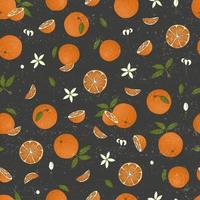 Vector colored seamless pattern of oranges isolated on black textured background. Colorful repeating background with citrus fruit, leaves, flowers, twigs. Fresh food retro style illustration