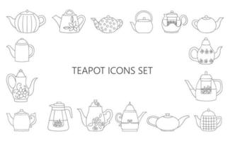 Vector illustration of black and white teapots. Graphic tea set. Teapot icons collection. Monochrome kettles isolated on white background. Vintage doodle style drawing