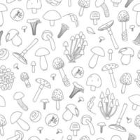 Vector seamless pattern of black and white mushrooms. Repeat background with isolated monochrome aspen, orange-cup, champignon, chanterelle, toadstool, death cap, fungus