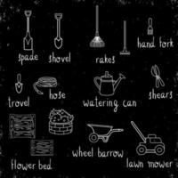 Vector set of black and white garden tools, flowers, herbs, plants with lettering. Monochrome  pack of spade, shovel, rakes, wheel barrow, watering can, shears, lawn mower, hose, trowel, hand fork