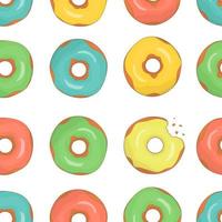 Vector seamless pattern of colorful doughnuts. Bright donut repeat backdrop. Repeat texture of sweet bakery goods. Cheerful drawing of cakes