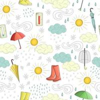 Vector seamless pattern of weather elements with rubber boots and umbrella. Cute doodle style repeat background of sun, wind, rain, snow, clouds, hot and cold temperature