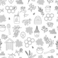 Vector black and white seamless pattern of honey, bee, bumblebee, beehive, wasp, apiary, meadow flowers, honeycombs, propolis, jar, spoon. Monochrome repeating background.