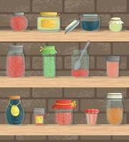 Vector set of colored jam jars on shelves with brick background. Vintage collection with isolated colorful pots. Watercolor effect.