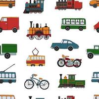 Vector colored seamless pattern of retro engines and transport. Vector repeat background of vintage trains bus, tram, trolleybus, car, bicycle, bike, van, truck isolated on white background