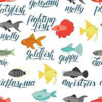 Vector colored seamless pattern of aquarium fish with lettering. Repeating background with molly, guppy, platyfish, goldfish, danio, scalare, cichlasoma, ancistrus, gourami. Underwater illustration