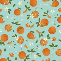 Vector colored seamless pattern of oranges isolated on blue pastel background. Colorful repeating background with citrus fruit, leaves, flowers, twigs. Fresh food retro style illustration.