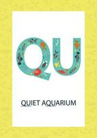 letra del alfabeto colorido q. flashcard fonética. linda letra q para enseñar a leer con peces de acuario estilo dibujos animados. qu sonido vector