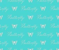 Vector seamless pattern of paper cut white butterflies on turquoise background. Repeating background for greeting card, stationery, poster. Butterfly copperplate calligraphy. Hand lettering
