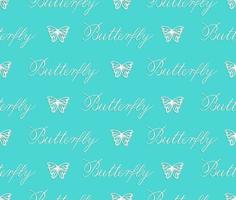 Vector seamless pattern of paper cut white butterflies on turquoise background. Repeating background for greeting card, stationery, poster. Butterfly copperplate calligraphy. Hand lettering