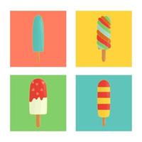 Vector set of colorful ice-cream. Colored ice on blue, green, yellow, pink background. Bright and cheerful illustration of cold summer dessert in colorful blocks