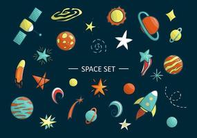 vector conjunto de objetos espaciales. Ilustración de imágenes prediseñadas espaciales. planeta brillante, cohete, estrella, ovni, galaxia, luna, nave espacial, sol en estilo de dibujos animados. bueno para carteles de niños.