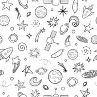 Vector seamless pattern of space objects. Black and white repeat background with planet,   star,   spaceship,   satellite,   moon,   sun,   asteroid. Good for wallpaper. Coloring page for kids