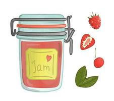 Vector illustration of colored jar with berry jam. Raspberry, strawberry, cherry, pot with marmalade isolated on white background. Watercolor effect.