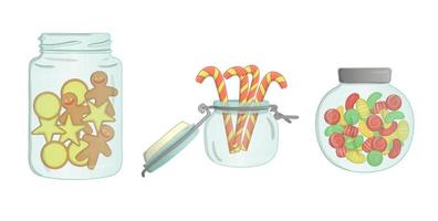 Vector glass jars with cookies, candy canes, gingerbread, sweets. Funny illustration of sweet things