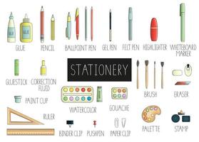 Vector set of colored stationery, writing materials, office or school supplies isolated on white background. Bright pack of pen, pencil, ruler, glue, paint, brush, pushpin, binder, paper clip