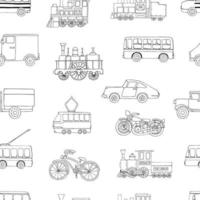 Vector black and white seamless pattern of retro engines and transport. Vector repeat background of vintage trains bus, tram, trolleybus, car, bicycle, bike, van, truck isolated on white background