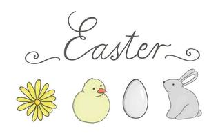 Vector Easter calligraphy with rabbit, chick, flower and egg isolated on white background. Season greeting lettering. Cute hand drawn Happy Easter text. Card, invitation, banner, design.