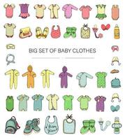 Vector illustration of baby clothes. Baby boy and girl clothes set. Children fashion set. Stylish clothes and accessories for kids isolated on white background