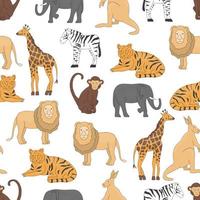 Vector seamless pattern of zoo animals isolated on white background. Repeating colored background of giraffe, tiger, elephant, lion, zebra, monkey, kangaroo. Picture of zoo for children.