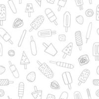 Vector seamless pattern of black and white ice cream. Monochrome ice repeat background. Linear art dessert on white background. Vintage  doodle style backdrop