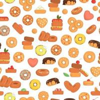 Vector seamless pattern of colorful doughnuts. Bright donut repeat backdrop. Repeat texture of sweet bakery goods. Cheerful drawing of cakes