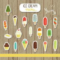 Vector ice cream illustration in cartoon style. Bright and cute illustrations of ice cone. Cute stickers for cafe menu or stationery. Ice labels on natural wooden background
