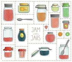 Vector set of colored jam jars isolated on white background. Colorful collection of preserved food in pots