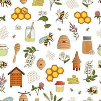 Vector colored seamless pattern of honey, bee, bumblebee, beehive, wasp, apiary, meadow flowers, honeycombs, propolis, jar, spoon. Colorful repeating background.