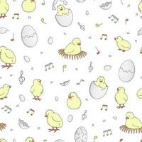 Vector seamless pattern with hatching chicks, chirping chicks, eggs, eggshell pieces, notes, treble clef isolated on white. Cute cartoon style background. Hand drawn doodle backdrop for Easter