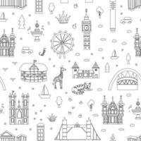 Vector seamless pattern with London attractions in cartoon style. Repeating black and white background with main English sightseeing and places of interest. Background for travel guide. Cute London