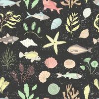 Vector colored seamless pattern of sea shells, fish, seaweeds isolated on black textured background. Colorful repeating marine background. Underwater vintage illustration