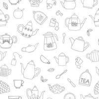 Vector seamless pattern of black and white teapots. Monochrome tea repeat background. Linear art kettles on white background. Vintage  doodle style backdrop