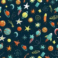 Vector seamless pattern of space objects. Bright and cheerful repeat background with planet, star,  spaceship, satellite, moon, sun, asteroid. Good for children, wrapping, wallpaper