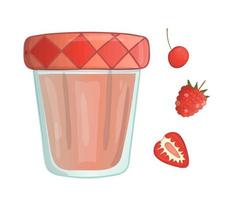 Vector illustration of colored jar with berry jam. Raspberry, strawberry, cherry, pot with marmalade isolated on white background. Watercolor effect.