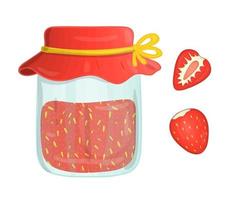 Vector illustration of colored jar with strawberry jam. Strawberry, pot with marmalade isolated on white background. Watercolor effect.