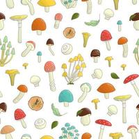 Vector seamless pattern of colored mushrooms. Repeat background with isolated bright aspen, orange-cup, champignon, chanterelle, toadstool, death cap, fungus. Food texture in cartoon style