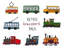 Vector set of retro engines and public transport. Vector illustration of vintage trains, bus, tram, trolleybus isolated on white background. Cartoon style illustration of old means of transport