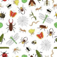 patrón transparente de vector de insectos coloridos. Repita el fondo con abeja brillante aislada, abejorro, error de mayo, mosca, polilla, mariposa, oruga, araña, mariquita, tierra, escarabajo ciervo