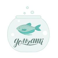 Vector colored illustration of fish in aquarium with fish name lettering. Cute picture of gourami for pet shops or children illustration