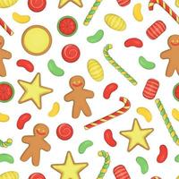 Vector colored seamless pattern of Christmas or New Year elements on white background. Colorful repeating background with sweets, lolly, candy cane, gingerbread, cookie, biscuit.