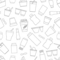 Vector seamless pattern of different kinds of yoghurt. Hand drawn repeating background of organic fresh dairy products. Natural food line drawing collection.