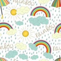 patrón transparente de vector de arco iris de colores. Fondo de repetición de estilo de dibujos animados lindo con elementos meteorológicos. telón de fondo interminable lluvioso para niños