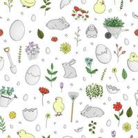 Vector seamless pattern with hatching chicks, eggs, eggshell pieces, herbs, plants, garden elements, rabbits isolated on white. Cute cartoon style background. Hand drawn doodle backdrop for Easter.