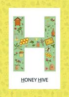 Colorful alphabet letter H. Phonics flashcard. Cute letter H for teaching reading with cartoon style honey, beehive, flowers, hive, bee, bumblebee, insects. vector