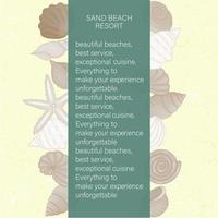 Vector colored set of seashells on yellow sand like textured background. Sand beach resort banner. Colorful marine poster template