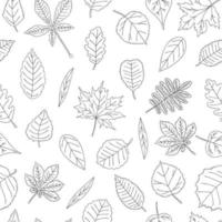 Vector seamless pattern of black and white leaves. Autumn repeat background with isolated monochrome birch, maple, oak, rowan, chestnut, hazel, linden, alder, aspen, elm, poplar, willow leaves