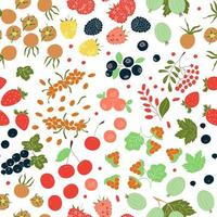 Vector seamless pattern of bright berries. Berry cartoon style repeat background. Raspberry, cherry, gooseberry, cloudberry, cranberry, blueberry, strawberry, sea-buckthorn, hips, rowan backdrop