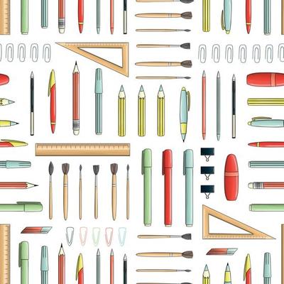 Vector seamless pattern of colored stationery, office or school supplies, writing materials. Geometric repeat background with isolated colorful pen, pencil, ruler, brush, binder, paper clip, eraser,